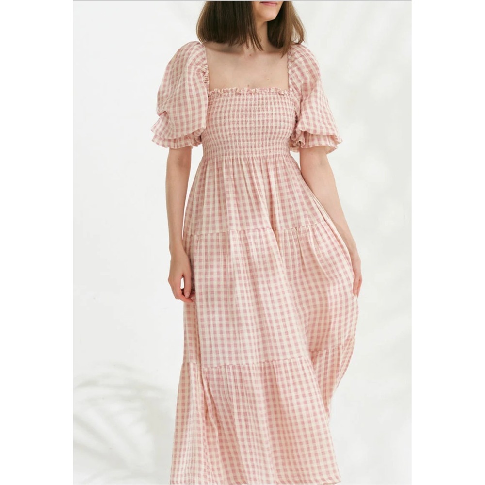 NOTHING FITS BUT Kiko Dress Womens Small Pink Gingham Smocked Square Neck Midi